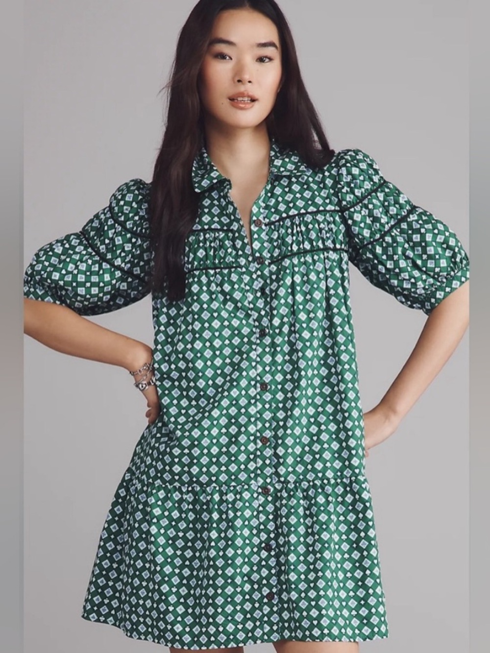 Anthropologie The Leandra shirred Green card print Puff-Sleeve Dress small NWT
